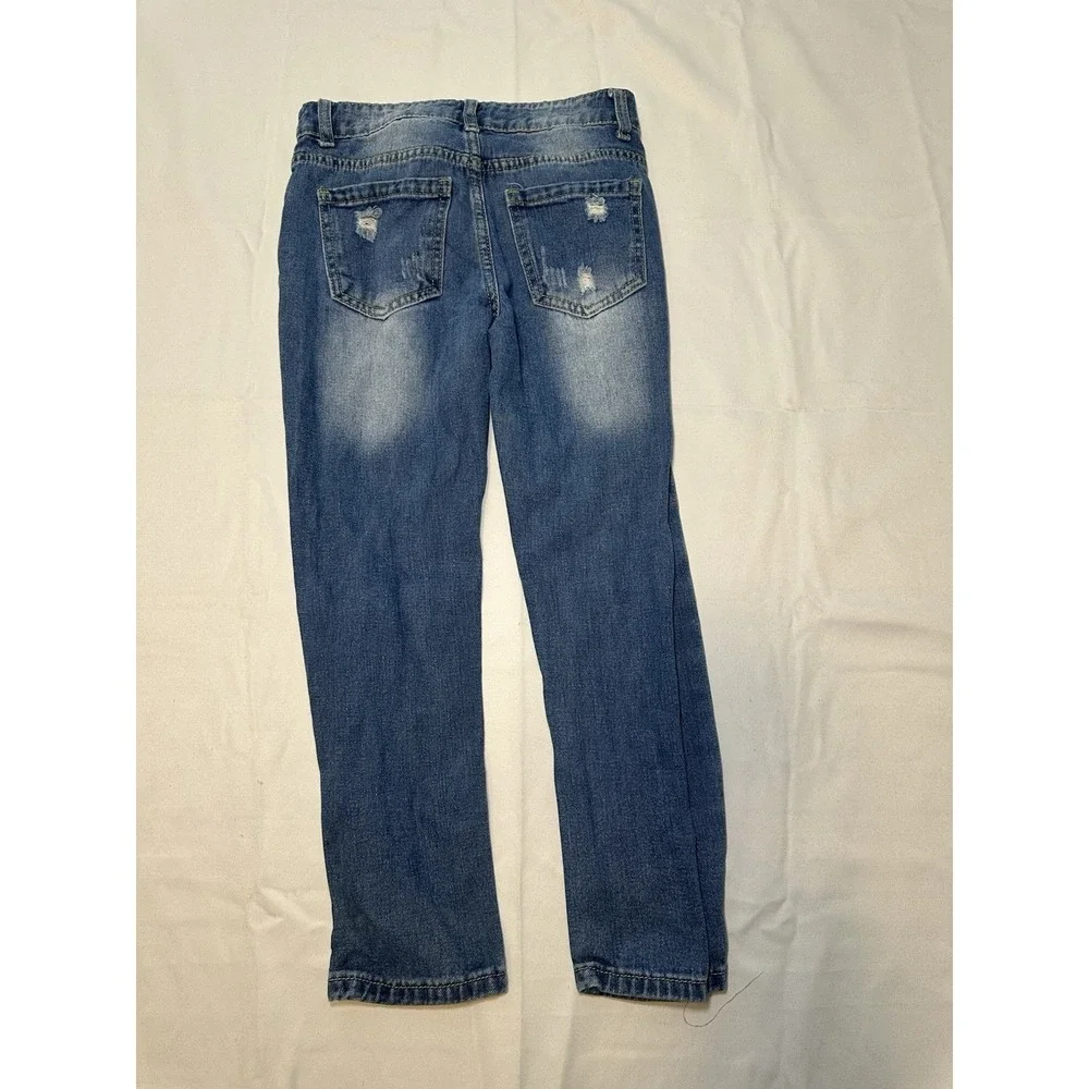 Boys Distressed Blue Jeans Size 8Y Straight Leg Denim Pants Trendy Grunge Casual
